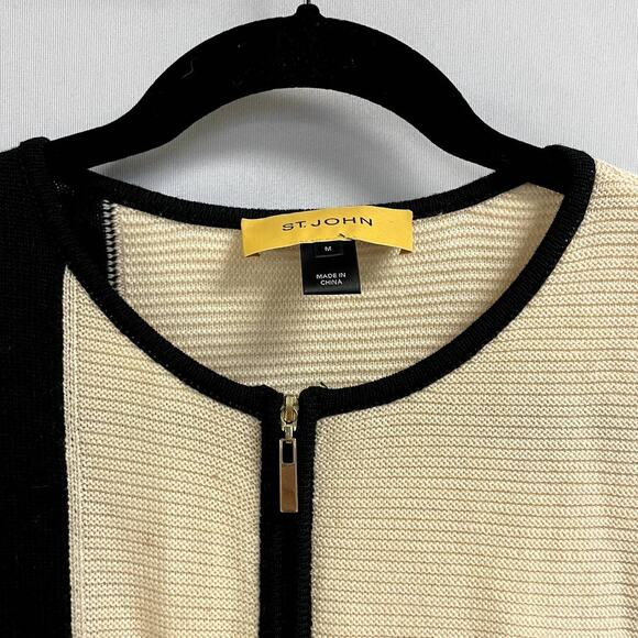 ST JOHN Cream Colorblocks Full Zip Wool Knit Sweater Long Sleeve Size Medium - Picture 2 of 10